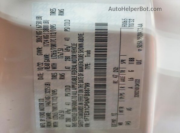 1FTEX1CP6NFB88799 2022 FORD F150 White VIN sticker view