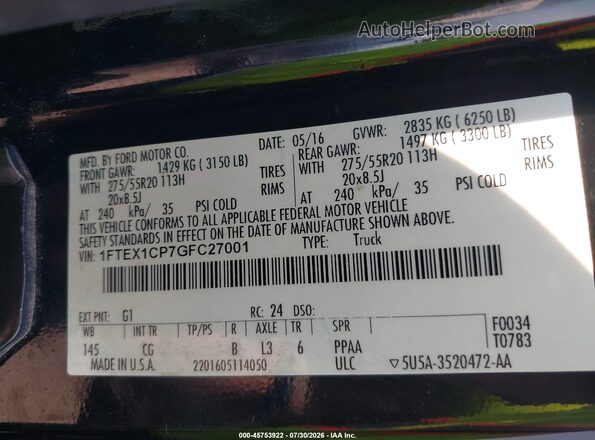 1FTEX1CP7GFC27001 2016 FORD F150 Black Widok komory silnika