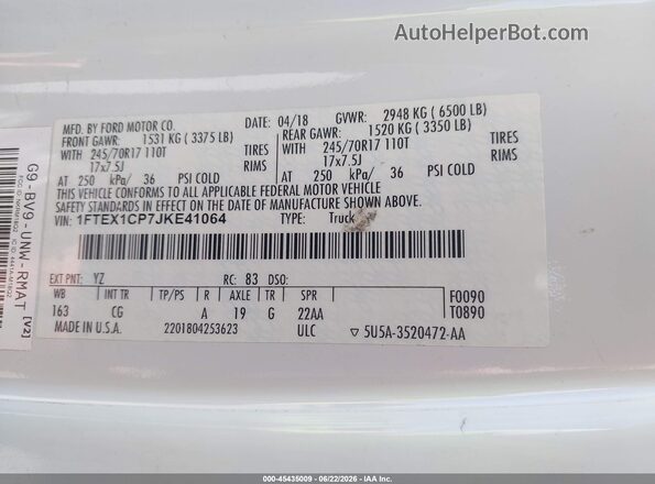 1FTEX1CP7JKE41064 2018 FORD F150 White Engine compartment view