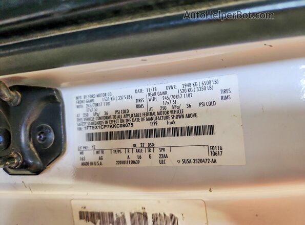 1FTEX1CP7KKC08075 2019 FORD F150 Белый Вид наклейки с VIN-кодом