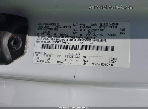 1FTEX1CP9GFC89872 2016 FORD F150 Белый Вид подкапотного пространства