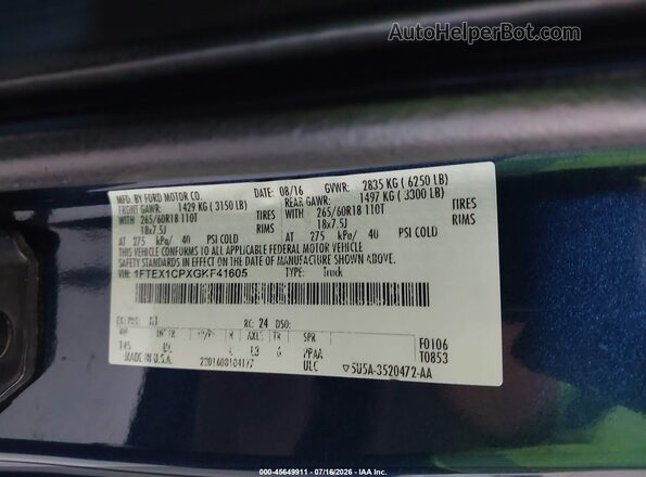 1FTEX1CPXGKF41605 2016 FORD F150 Blue Widok komory silnika