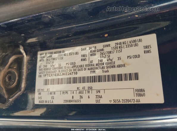 1FTEX1EB2JKE24710 2018 FORD F150 Blue Vista del compartimento del motor