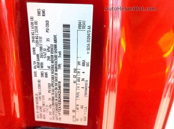 1FTEX1EB2KKD34619 2019 FORD F150 Red Շարժիչի բաժամունքի տեսք