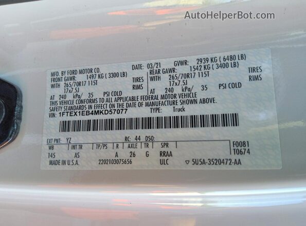1FTEX1EB4MKD57077 2021 FORD F150 White Вид підкапотного простору