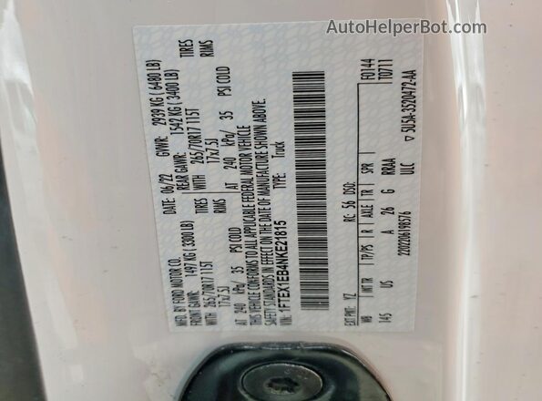 1FTEX1EB4NKE21815 2022 FORD F150 White VIN კოდის სტიკერის ხედი