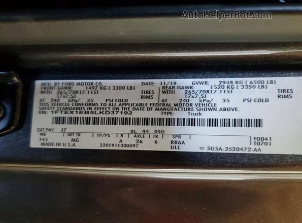 1FTEX1EB5LKD37192 2020 FORD F150 Gray ძრავის განყოფილების ხედი