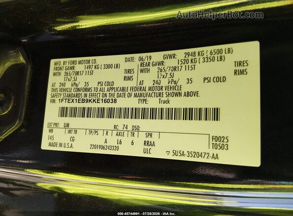 1FTEX1EB9KKE16038 2019 FORD F150 Черный Вид подкапотного пространства