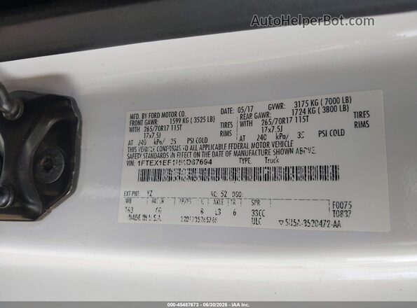 1FTEX1EF1HKD87694 2017 FORD F150 White Вид підкапотного простору