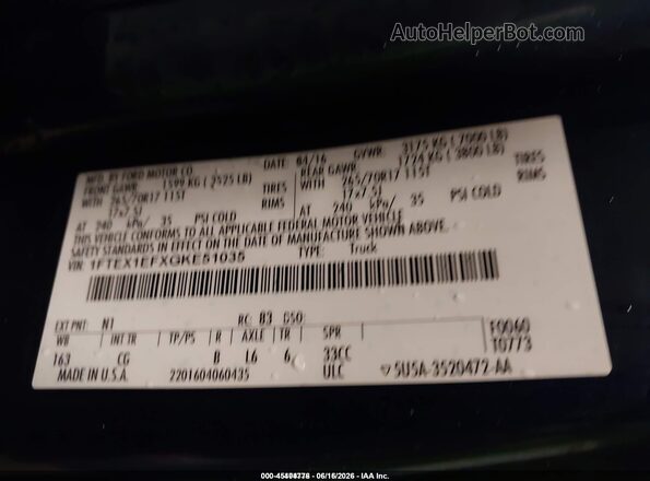 1FTEX1EFXGKE51035 2016 FORD F150 Blue Vista del compartimento del motor