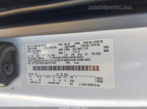 1FTEX1EP0JKF21187 2018 FORD F150 White ძრავის განყოფილების ხედი
