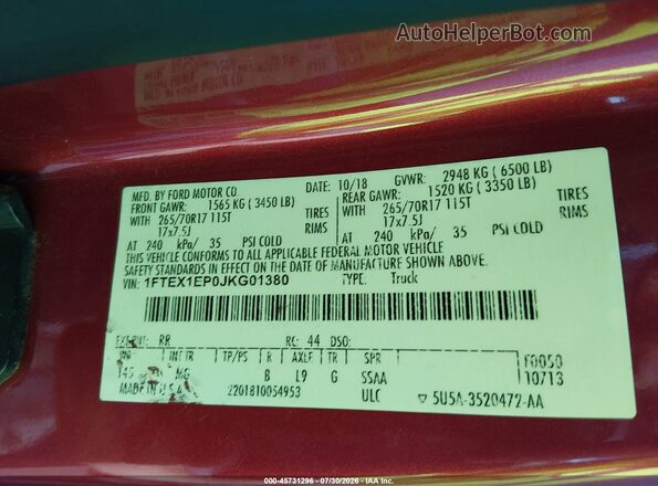 1FTEX1EP0JKG01380 2018 FORD F150 Maroon Widok komory silnika