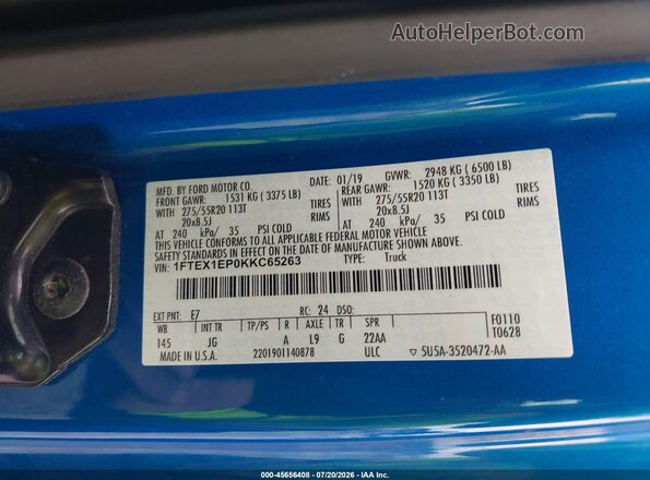 1FTEX1EP0KKC65263 2019 FORD F150 Blue Вид підкапотного простору