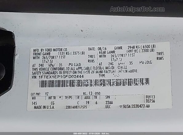 1FTEX1EP1GFD08444 2016 FORD F150 Белый Вид подкапотного пространства