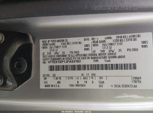 1FTEX1EP1JFA53382 2018 FORD F150 Silver Vista del compartimento del motor