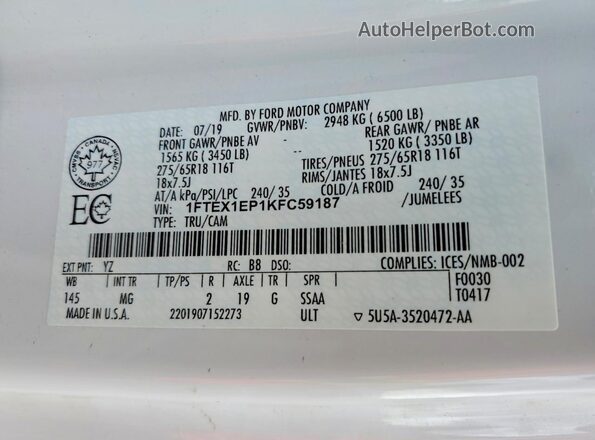 1FTEX1EP1KFC59187 2019 FORD F150 White Engine compartment view
