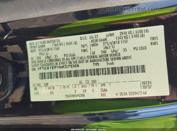 1FTEX1EP1NKD75369 2022 FORD F150 Black Շարժիչի բաժամունքի տեսք