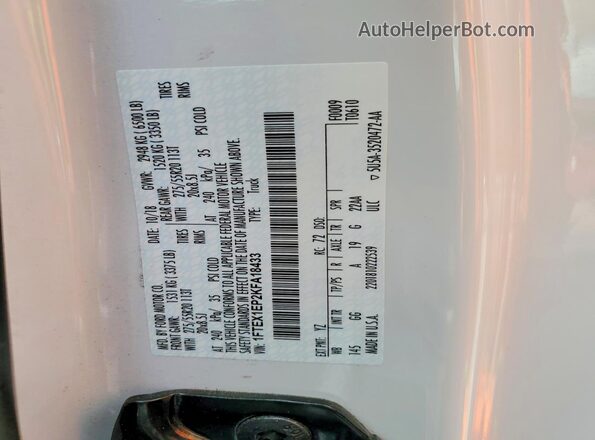 1FTEX1EP2KFA18433 2019 FORD F150 White Vista de la etiqueta del VIN