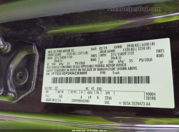 1FTEX1EP2KKC83005 2019 FORD F150 Burgundy ძრავის განყოფილების ხედი