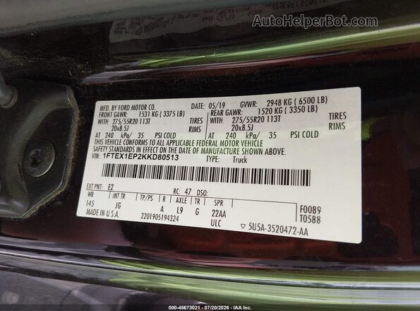 1FTEX1EP2KKD80513 2019 FORD F150 Black Vista del compartimento del motor