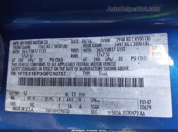 1FTEX1EP3GFC10757 2016 FORD F150 Blue ძრავის განყოფილების ხედი