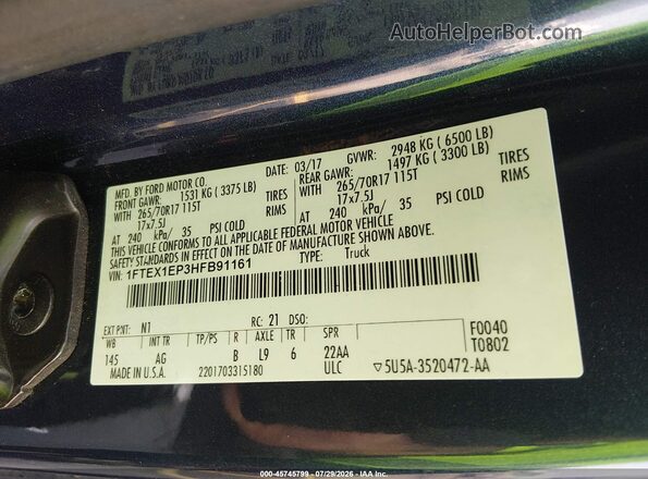 1FTEX1EP3HFB91161 2017 FORD F150 Blue Vista del compartimento del motor