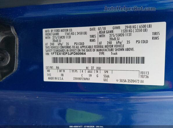 1FTEX1EP3JFD80964 2018 FORD F150 Blue Vista del compartimento del motor
