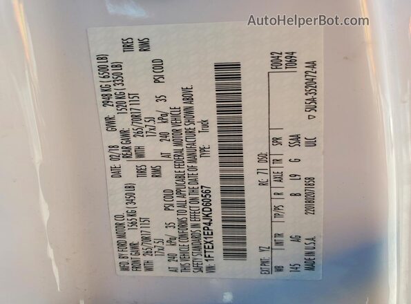 1FTEX1EP4JKD60567 2018 FORD F150 Белый Вид наклейки с VIN-кодом