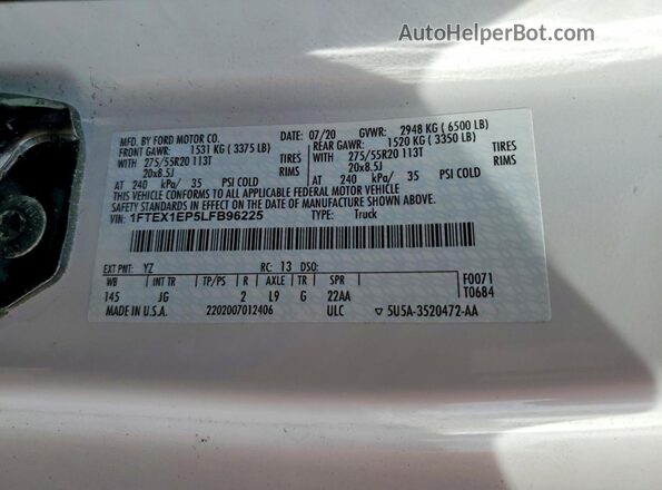 1FTEX1EP5LFB96225 2020 FORD F150 White Vista de la etiqueta del VIN