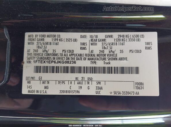 1FTEX1EP6JKG08236 2018 FORD F150 Black Engine compartment view