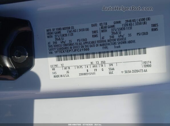 1FTEX1EP7JFC21560 2018 FORD F150 White ძრავის განყოფილების ხედი