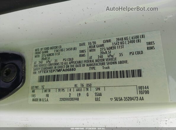 1FTEX1EP7MFA06880 2021 FORD F150 White Вид підкапотного простору
