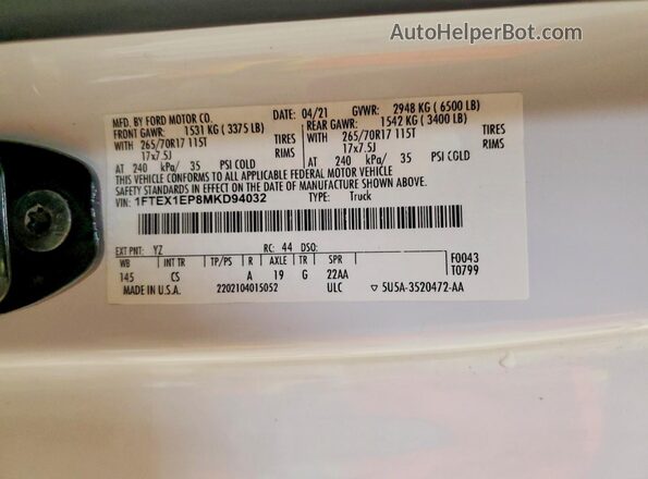 1FTEX1EP8MKD94032 2021 FORD F150 White Շարժիչի բաժամունքի տեսք