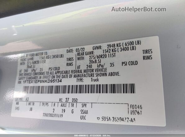 1FTEX1EP8NKD95134 2022 FORD F150 Белый Вид подкапотного пространства