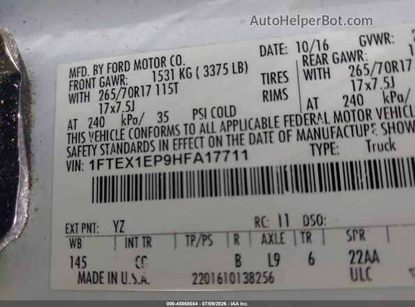 1FTEX1EP9HFA17711 2017 FORD F150 Белый Вид подкапотного пространства