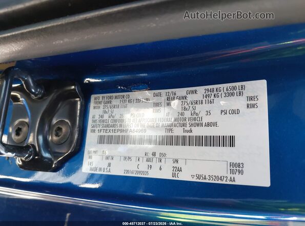 1FTEX1EP9HFA84969 2017 FORD F150 Синий Вид подкапотного пространства