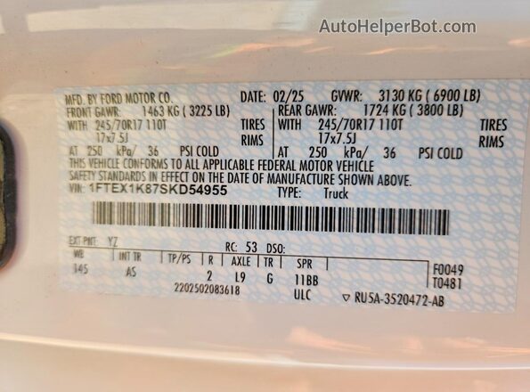 1FTEX1K87SKD54955 2025 FORD F150 White Вид наклейки з VIN-кодом