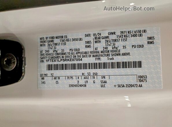 1FTEX1LP5RKE07054 2024 FORD F150 White Շարժիչի բաժամունքի տեսք