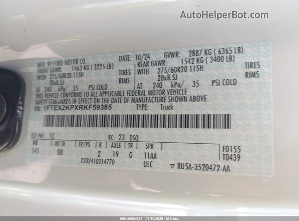 1FTEX2KPXRKF59385 2024 FORD F150 White Вид підкапотного простору