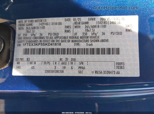 1FTEX3KP5SKD41818 2025 FORD F150 Blue Вид підкапотного простору
