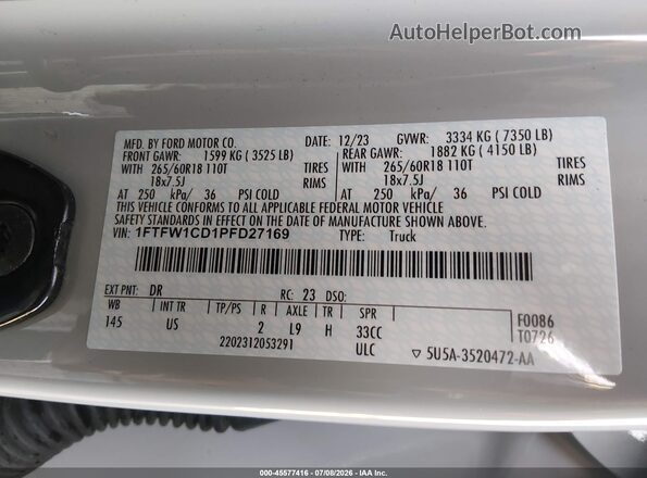 1FTFW1CD1PFD27169 2023 FORD F150 Gray Widok komory silnika