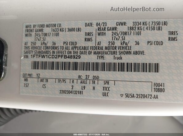 1FTFW1CD2PFB48929 2023 FORD F150 White Вид підкапотного простору