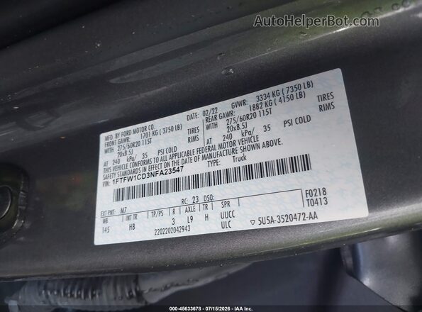 1FTFW1CD3NFA23547 2022 FORD F150 Gray Vista del compartimento del motor