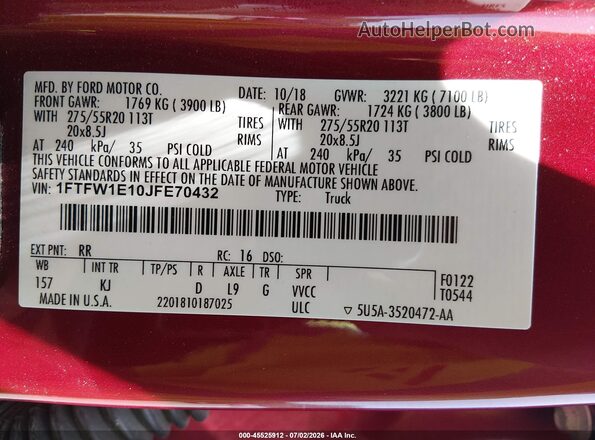 1FTFW1E10JFE70432 2018 FORD F150 Red Engine compartment view
