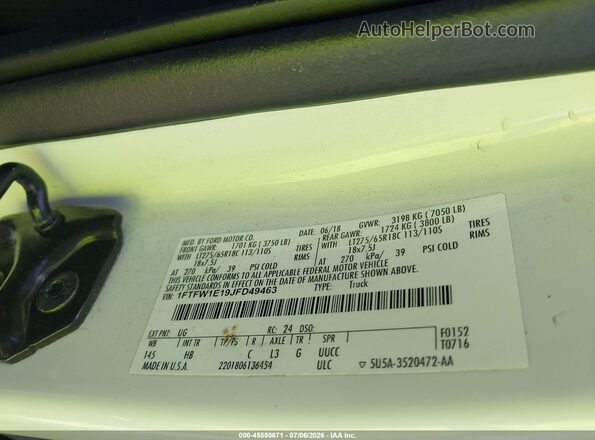 1FTFW1E19JFD49463 2018 FORD F150 White Widok komory silnika