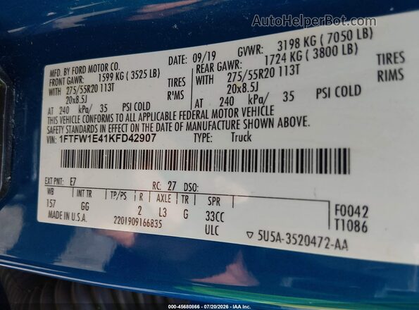 1FTFW1E41KFD42907 2019 FORD F150 Blue Շարժիչի բաժամունքի տեսք