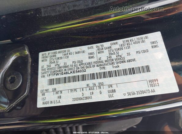 1FTFW1E48LKE54032 2020 FORD F150 Black Widok komory silnika