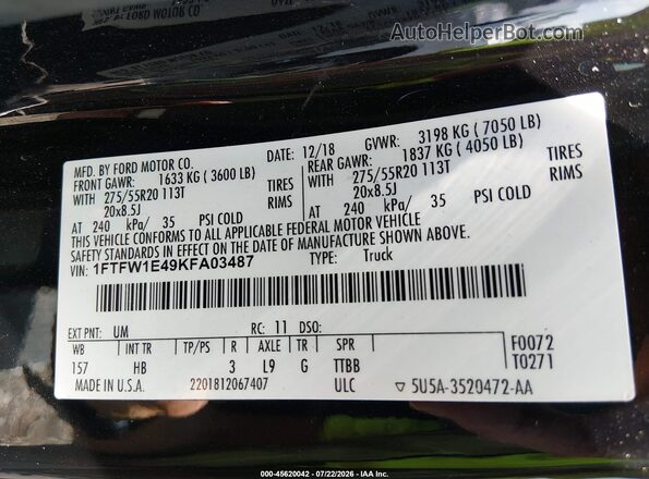 1FTFW1E49KFA03487 2019 FORD F150 Black Vista del compartimento del motor