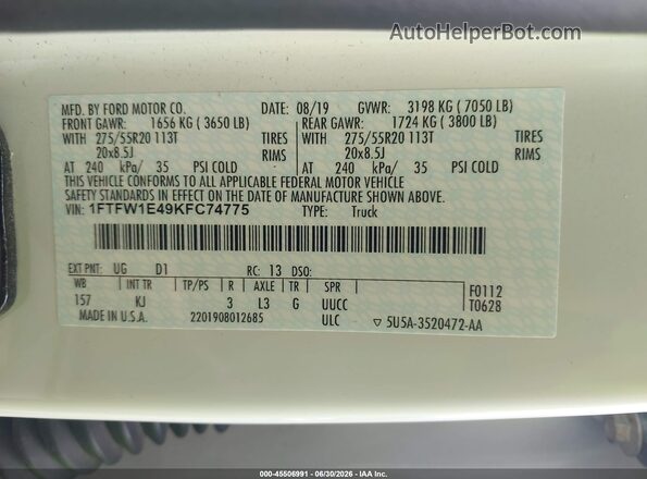1FTFW1E49KFC74775 2019 FORD F150 White Вид підкапотного простору