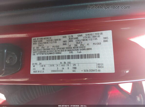 1FTFW1E52MKD18862 2021 FORD F150 Красный Вид подкапотного пространства